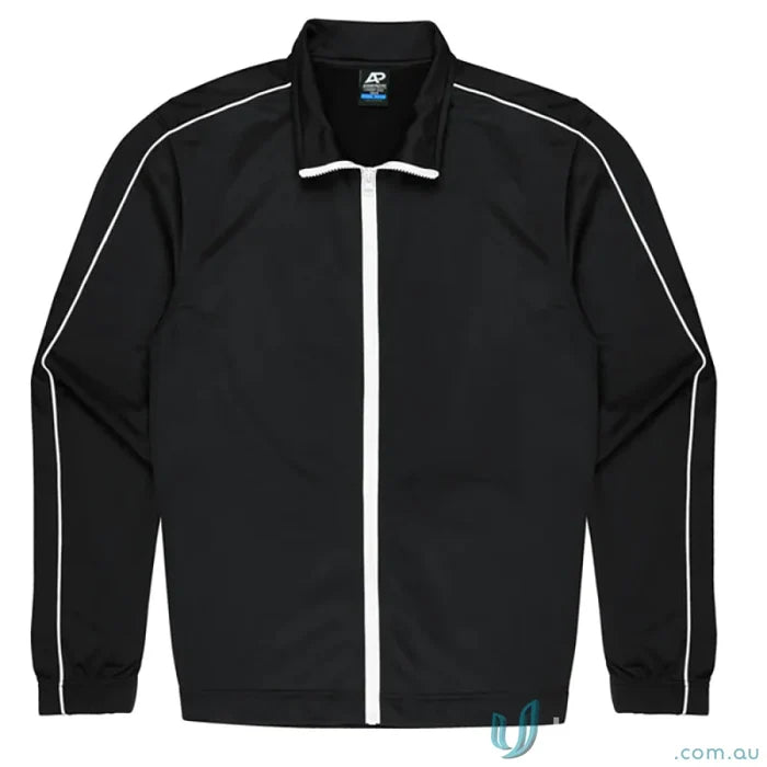 Black track jacket with white trim from Liverpool Mens Jackets, perfect for workwear or uniforms
