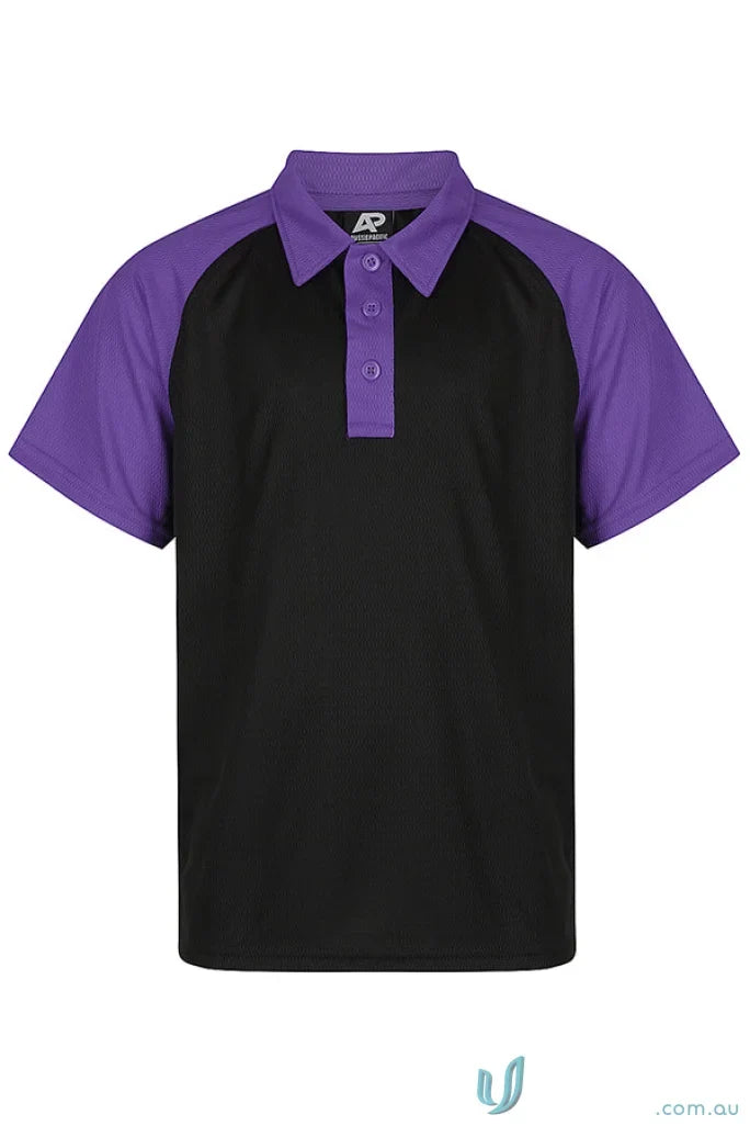 Black kids polo shirt with purple raglan sleeves and collar, perfect for uniforms