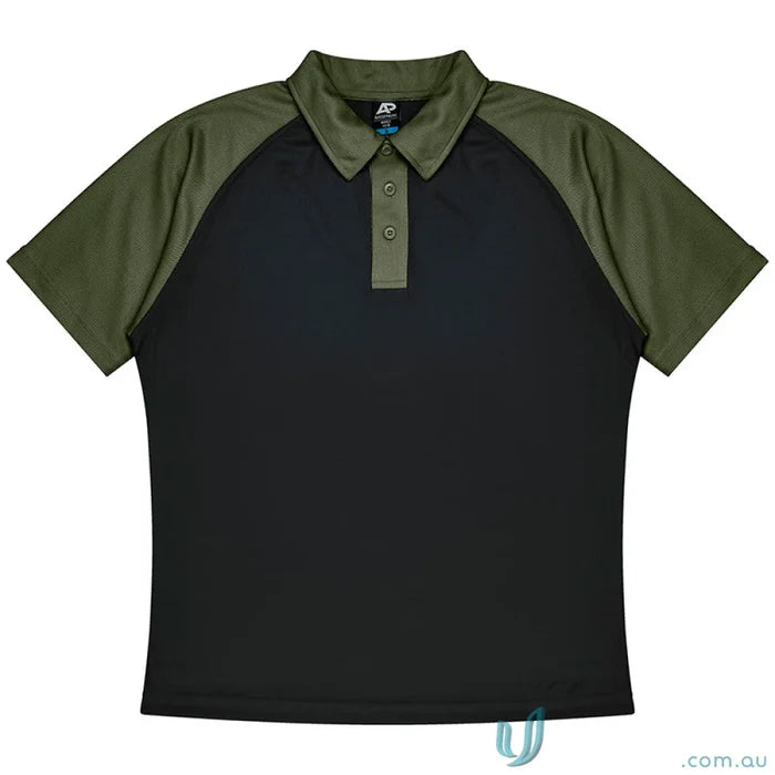 Manly Mens Polos two-tone men’s polo shirt with black fabric and olive green sleeves