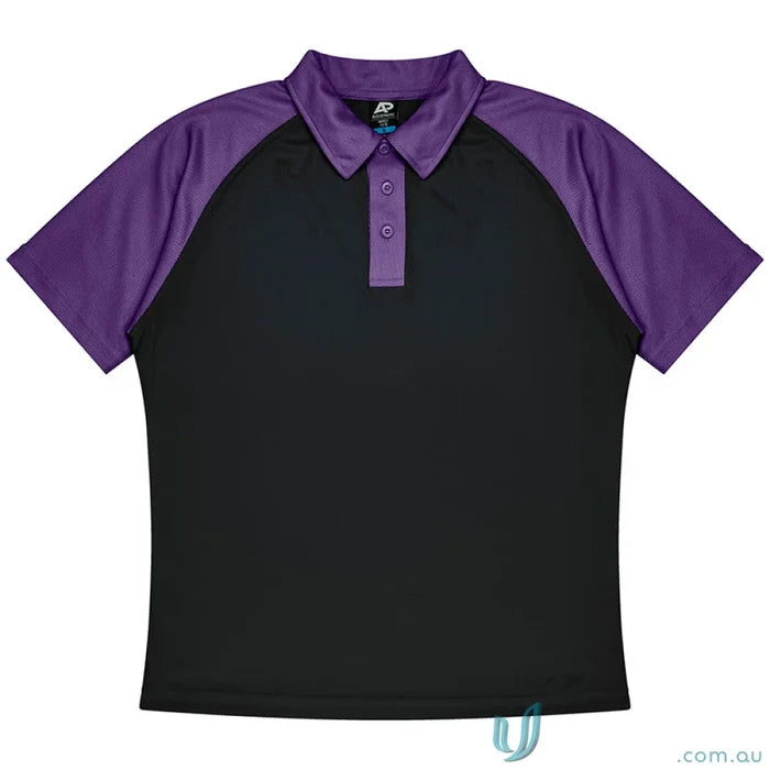 Black and purple mens polo shirt with fabric details, perfect for uniforms or casual wear