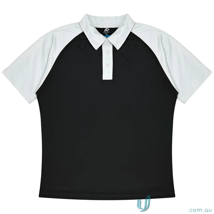 Black short-sleeve polo shirt with white raglan sleeves, perfect for mens uniforms