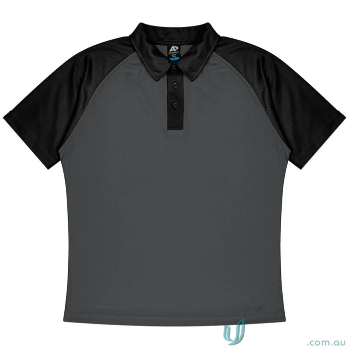 Dark gray mens polo shirt with black raglan sleeves and collar, perfect for uniforms