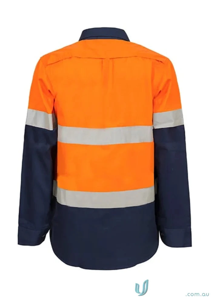 Orange and navy blue maternity hi vis shirt with CSR tape for women working safety
