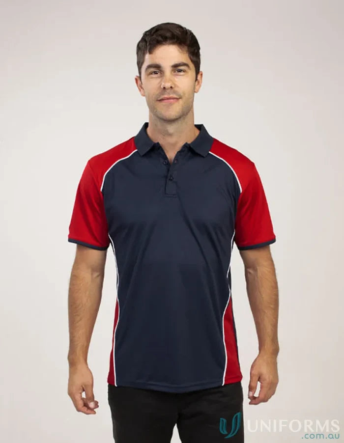 Navy and red McPherson Polo shirt with cooldry moisture management and recycled fibres