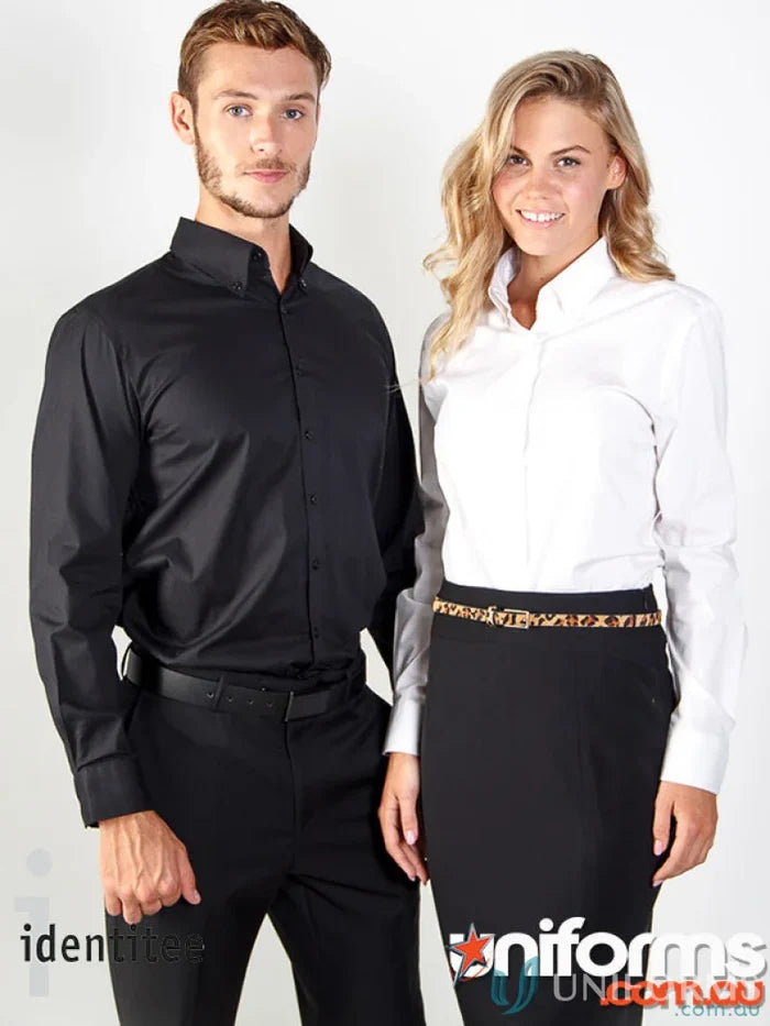 Two guys wearing Mens Baxter LS Shirt made from cotton-rich blend casual uniform tops