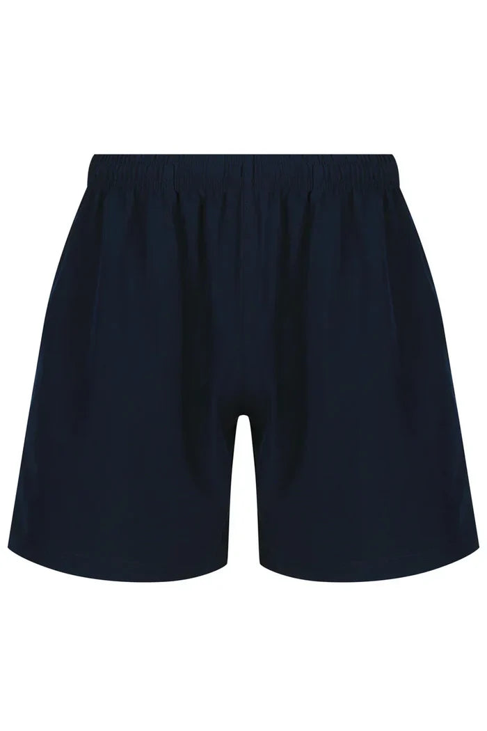 Navy blue mens training shorts with elastic waistband