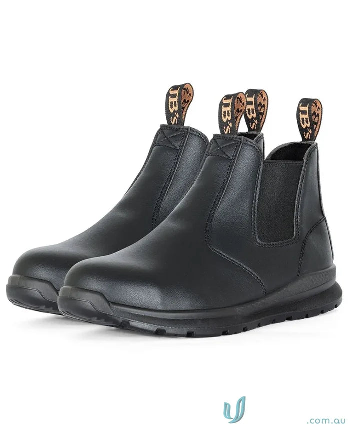Black leather Chelsea safety boots with pull tabs, resistant sole for uniforms