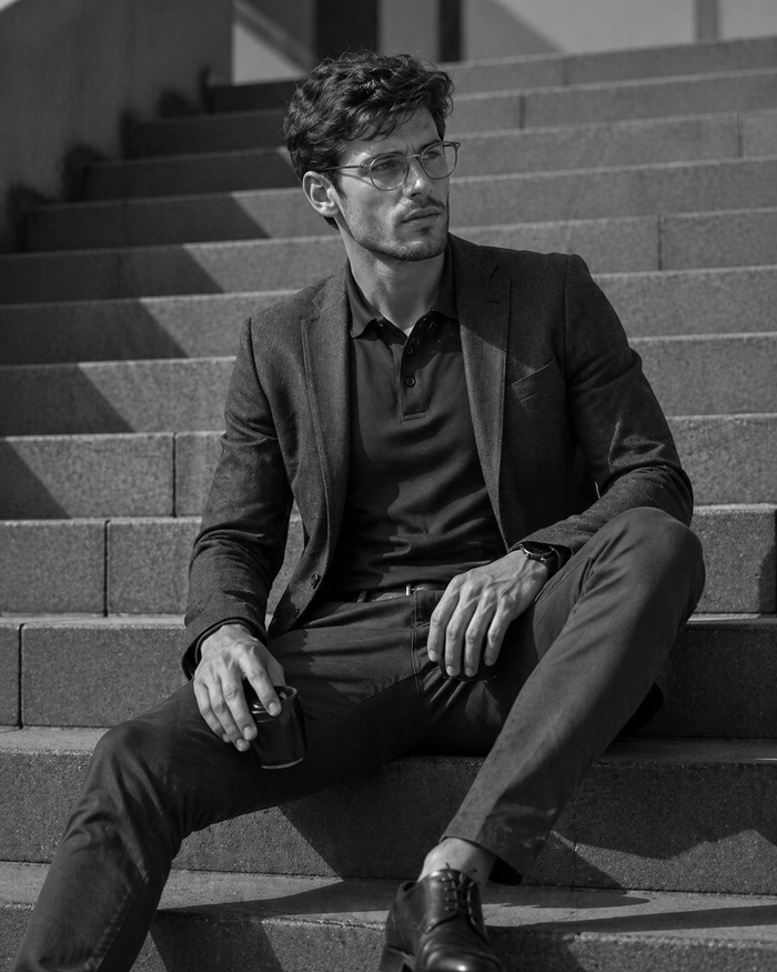 Man wearing dark glasses and a tailored blazer over a navy podium stretch polo perfect for work uniforms and workwear