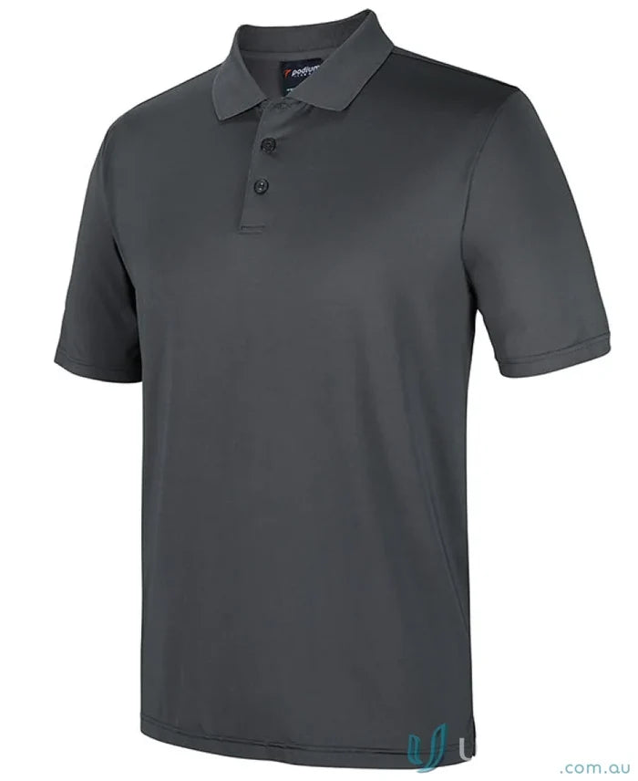 Dark gray JB’S Podium Urban Fit polo shirt with UPF protection and three-button placket