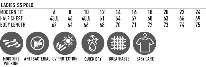 Measurement chart for ladies' SS polo shirts with size chart and feature icons.