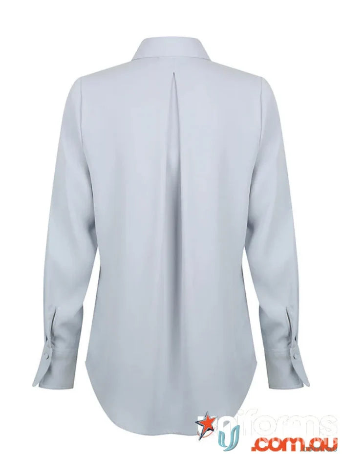 Light blue long-sleeved Quinn soft top blouse perfect for uniforms
