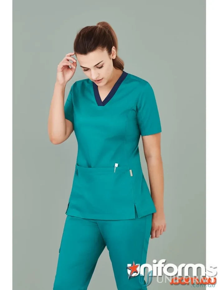Teal Bizcare women’s Riley V-Neck Scrub Top from Riley stretch scrub collection