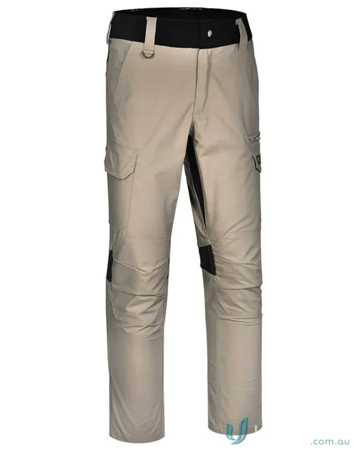 Tan Ripstop Stretch Work Pants with black knee and waist accents, unisex ripstop stretch with multiple load-bearing pockets