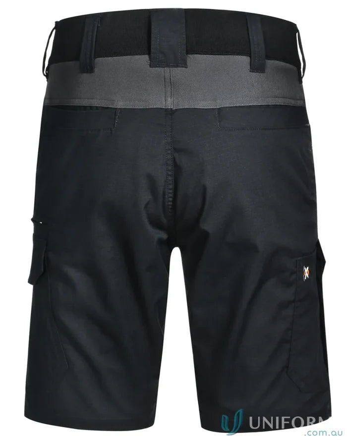 Black Ripstop Stretch Work Shorts with grey back yoke and multiple pockets for tough jobs