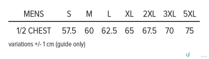Men’s clothing size chart for Sheffield Mens Jacket, perfect for workwear or uniforms
