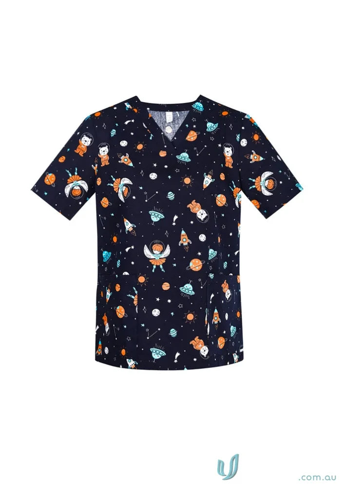 Space-themed scrub top from Bizcare Women’s Printed Space Party Scrub collection