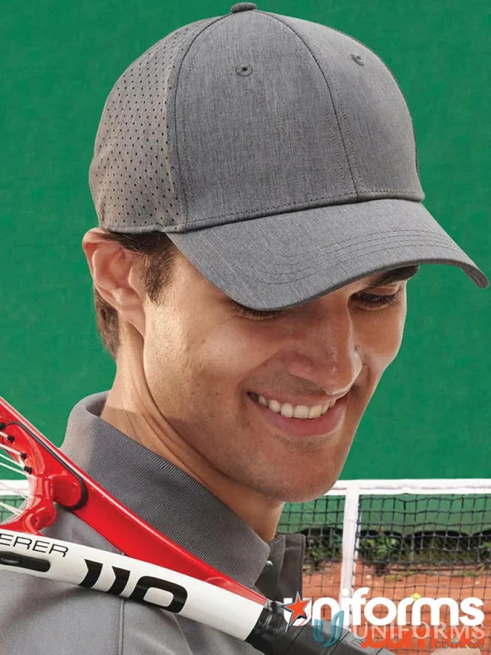 Gray athletic cap featuring laser cut design from Runner’s Cap CH88 with winning spirit stretch