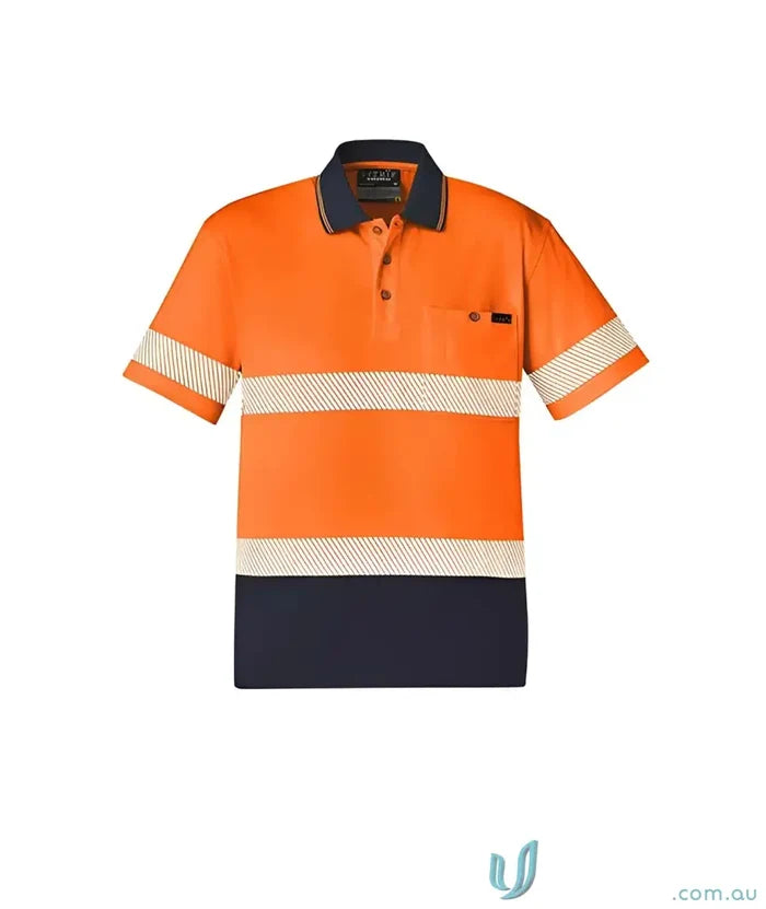 Orange and navy blue safety polo shirt with vis segmented tape, short sleeve polo zh535