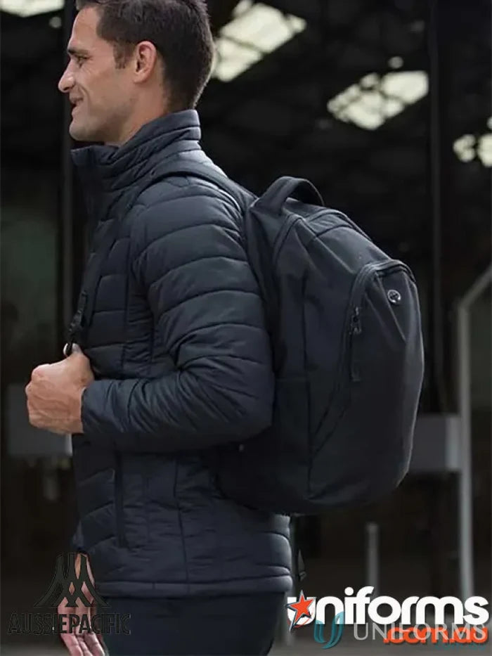 Black padded jacket with Tasman Sports Backpack, great for work uniforms and casual wear