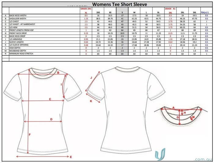 Women’s tee short sleeve size chart for TS104 Custom T-Shirt with sublimated sports fabric