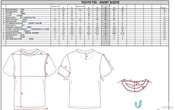 Youth Tee Size Chart for TS110 Custom T-Shirt made with sublimated garments brings sports fabric style