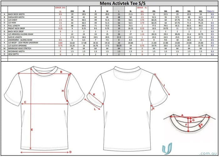 Men’s Activtek Tee size chart for TS110 custom made sublimated sports fabric shirts