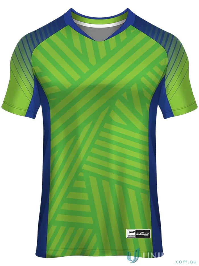 Green and blue patterned athletic shirt in TS132 custom made sublimated sports fabric