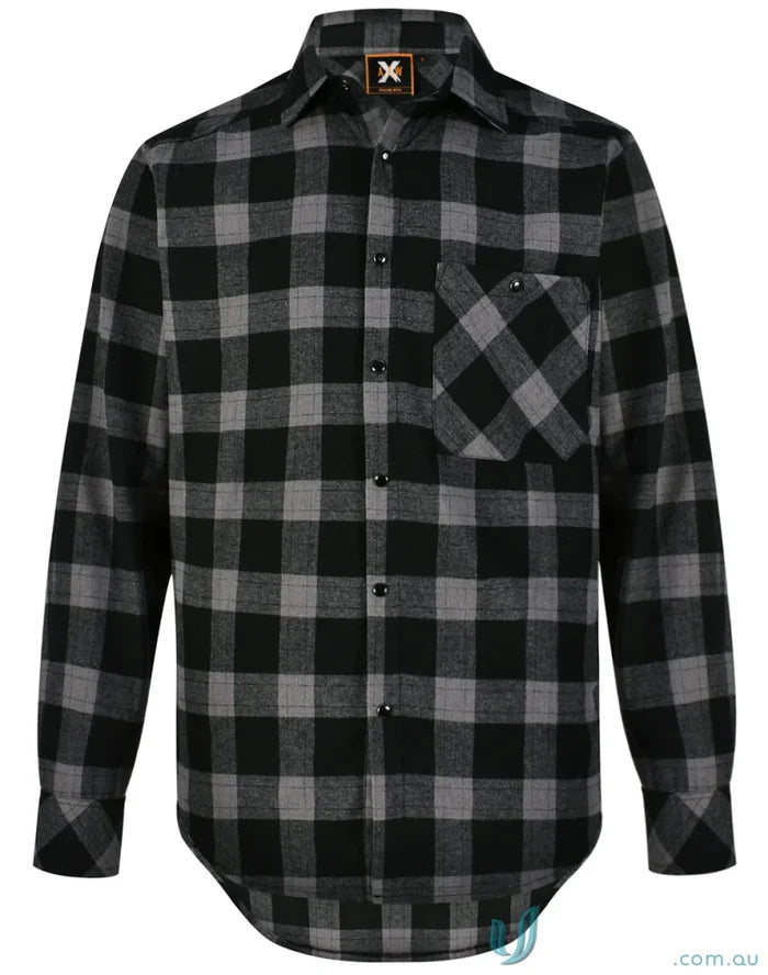 Black and gray plaid LS shirt featuring unisex flannel style with snap buttons