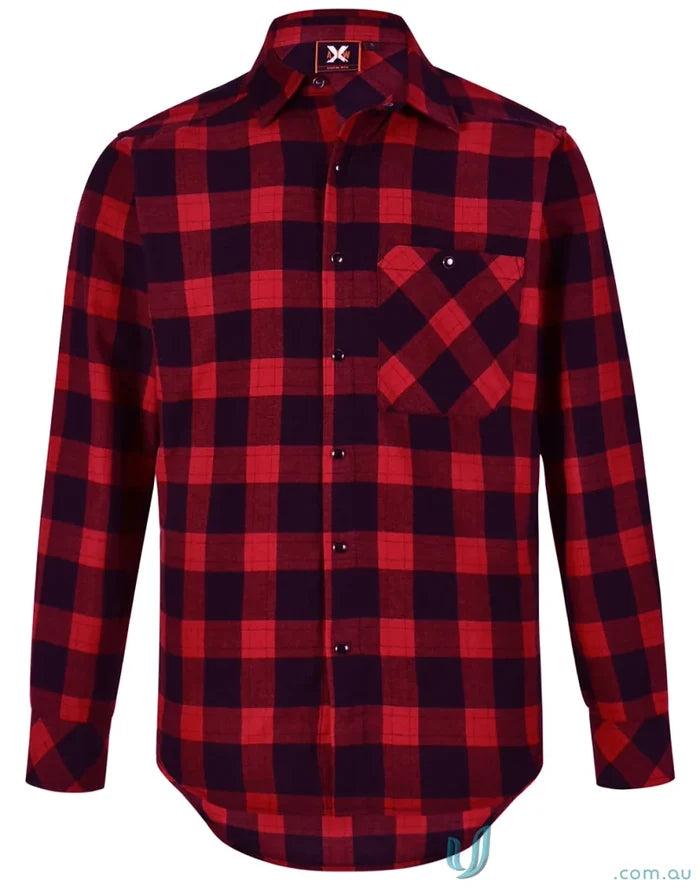 Red and black plaid flannel LS shirt with snap buttons, perfect unisex flannel style