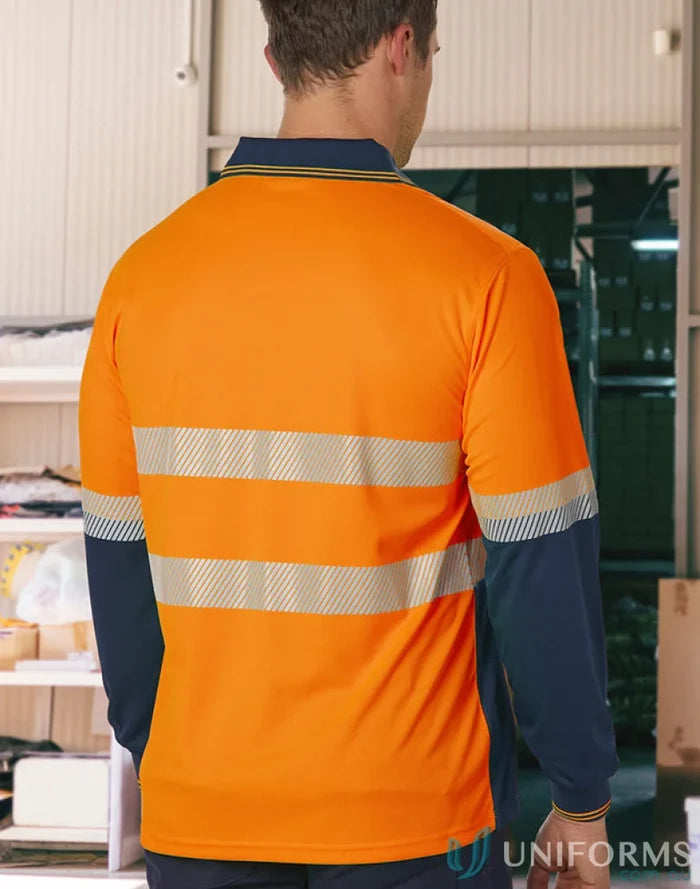 Orange and navy long-sleeved safety polo shirt from Spirit SW86 segmented LS polo line
