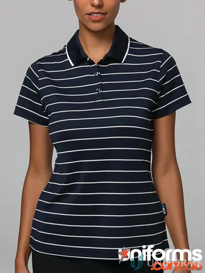 Vaucluse Lady Polo shirt with navy blue fabric, white stripes, and white collar
