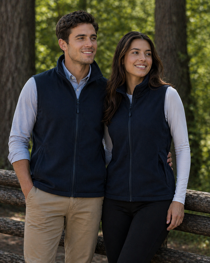 Navy blue fleece softshell vest with front zipper and side pockets perfect for workwear and uniforms