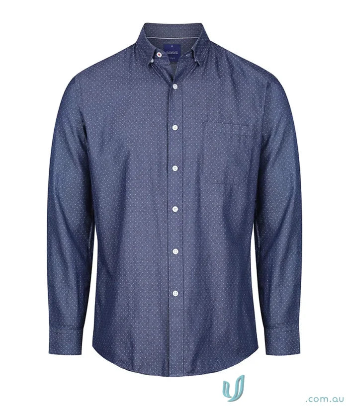 Men’s Wellington Denim Dobby LS Shirt in navy with subtle polka dots and a chest pocket