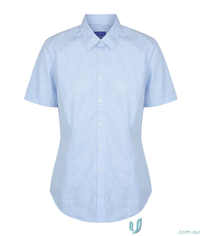 Light blue striped short sleeve Westgarth Gingham SS Shirt made with easy iron silk protein