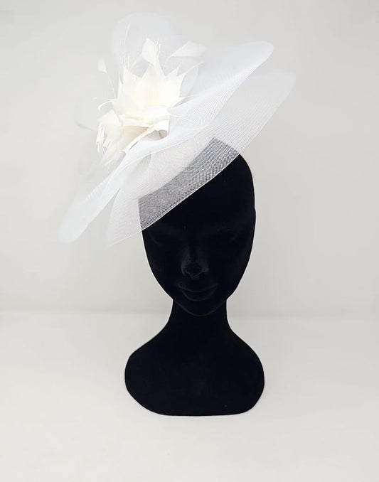 White Feather Fascinator With Net Halo