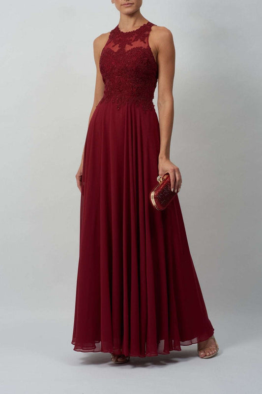 Wine MC181437 lace embellished open back dress - Cargo Clothing