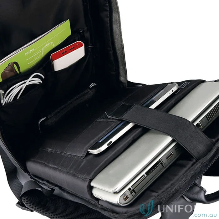 Open Wired Compu Backpack with compartments for electronics, perfect for workwear or uniforms