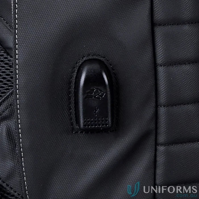 Black Wired Compu Backpack with weatherproof design and external USB port for workwear