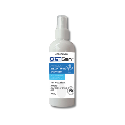XtraSan 72% Alcohol Anti-Bacterial Hand Sanitiser Spray 200ml – kills 99.99% germs, Aloe Vera & Vitamin E, made in Australia.