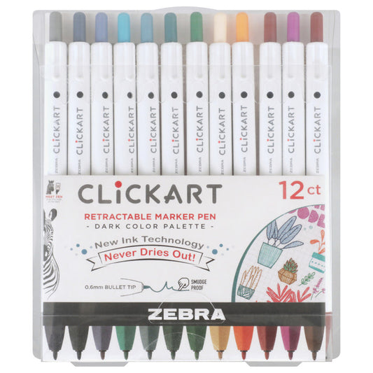 Zebra - CLiCKART Retractable Marker Pen Set - Dark Colour Palette (12pc). Perfect for journaling, colour coding, drawing, and writing. At Embellish Away in Bowmnaville Ontario Canada.